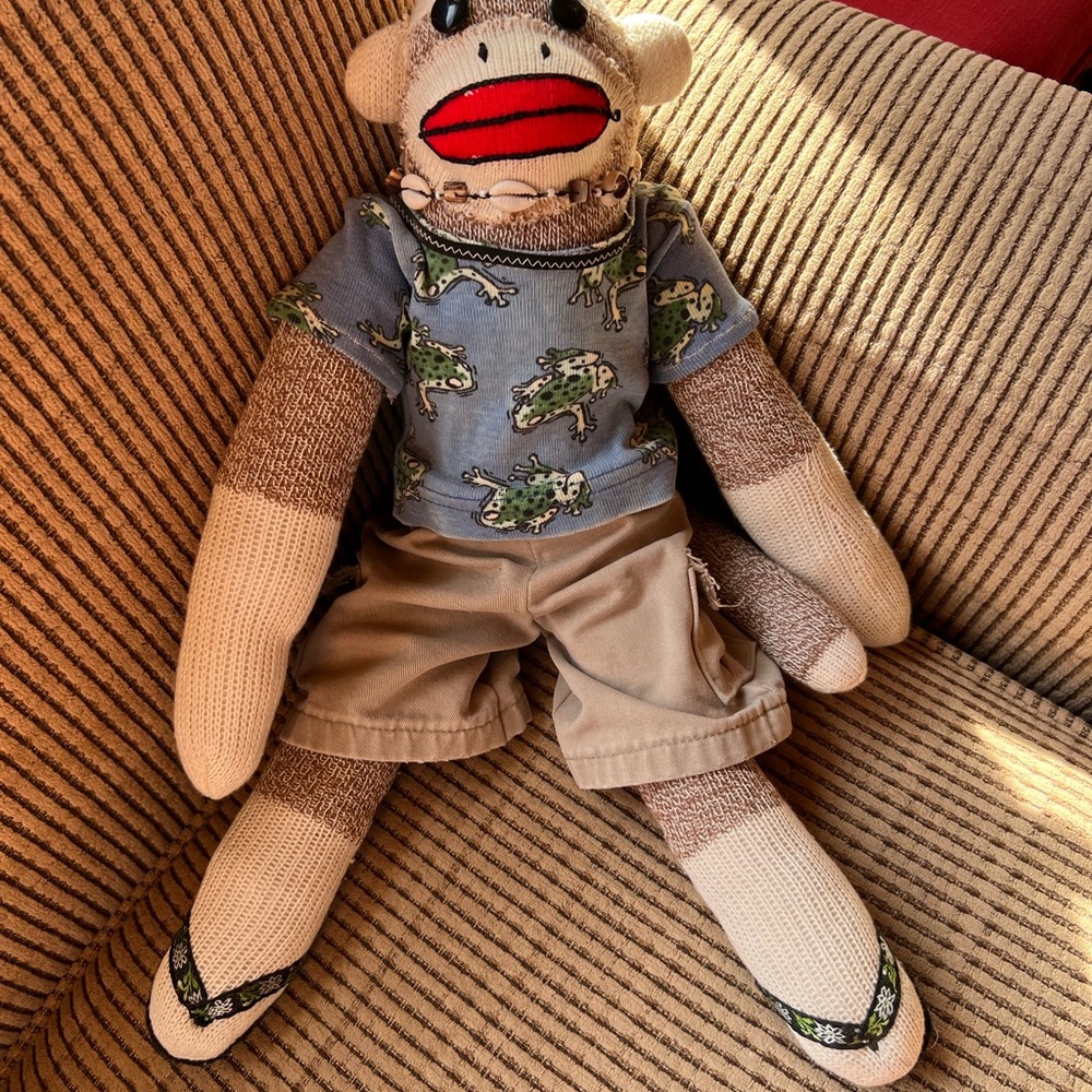 Sock Monkey Plush with Frog Shirt and Khaki Shorts